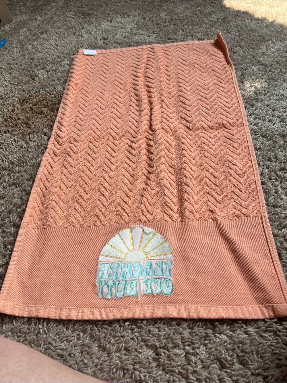 Teacher Off Duty Coral Embroidered Towel